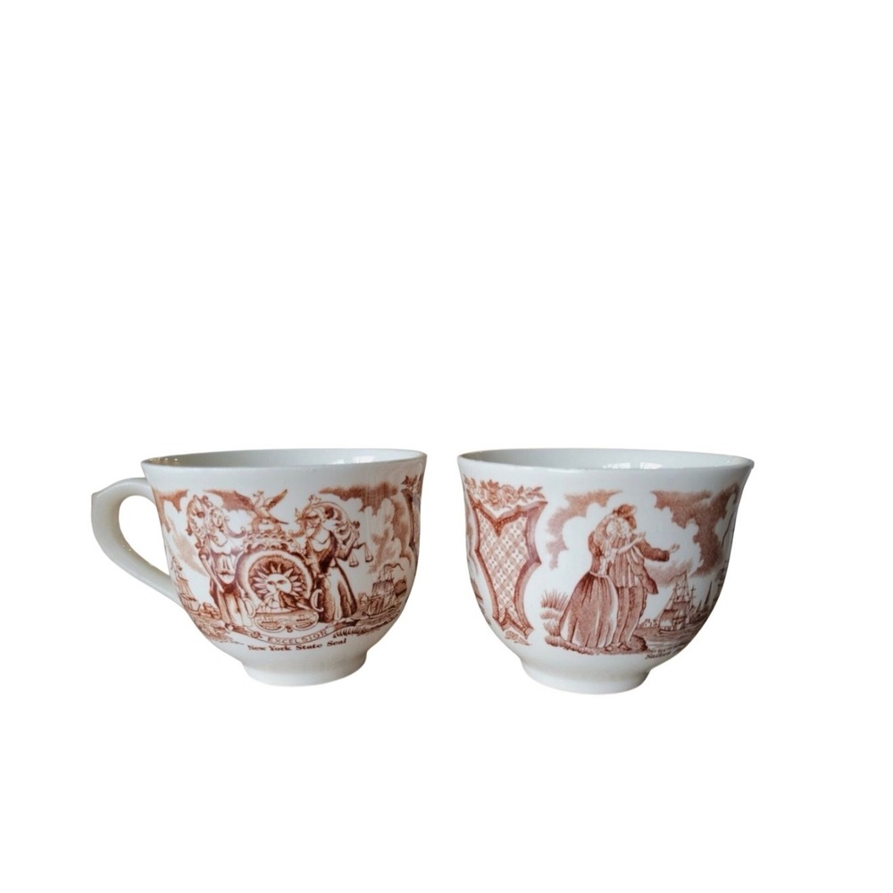 Alfred Meakin‎ Fair Winds Transferware Tea Cups Saucers Set 4 New York Seal